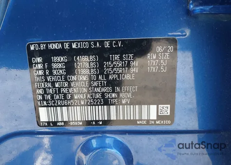 2020 Honda Hr-V Awd Ex from USA, damaged, VIN 3CZRU6H52LM725223